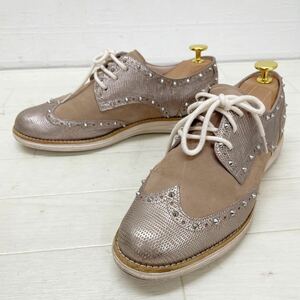 1107★③ COLE HAAN コールハーン レースアップシューズ スタッズ 6.5B 約23.5 レディース シルバー ベージュ LUNARGRAND