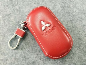 三菱 MITSUBISHI キーケース スマートキー ラウンドファスナー シュリンクレザーキーケース　鍵　収納 軽量 レッド