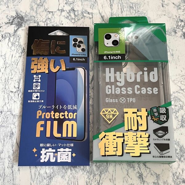 iPhone13 ブルーライト軽減 保護フィルム hybrid glass case iPhoneケース 2点 セット