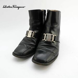 Salvatore Ferragamo サルヴァトーレ・フェラガモ 5 1/2 23.0 ショートブーツ ヒール スクエアトゥ シルバー金具 レザー ブラック/FC175