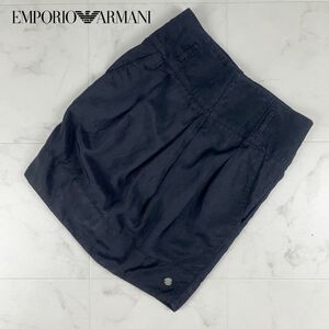 美品 EMPORIO ARMANI エンポリオ アルマーニ リネン混 タックフレアスカート 裏地なし レディース ボトムス 黒 ブラック サイズM*FC416