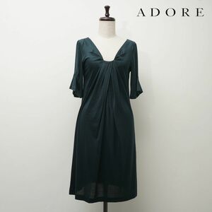 美品 ADORE アドーア 襟デザインタック 半袖ワンピース 裏地なし レディース 緑 グリーン サイズ38*FC303