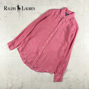 美品 RALPH LAUREN ラルフローレン リネン100% 襟付き長袖シャツ トップス メンズ ピンク サイズS*FC287