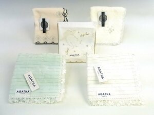 ◆未使用・タグ付◆AGATHA/アガタ Swarovski/スワロフスキー◆タオルハンカチ×4枚 + ハンカチ 1枚 計5枚セット◆白/クリーム/緑◆犬◆綿◆