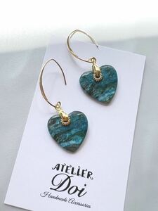 Art hand Auction Heart-shaped chrysocolla earrings, natural stone, k14gf, Handmade, Accessories (for women), Earrings, Earrings