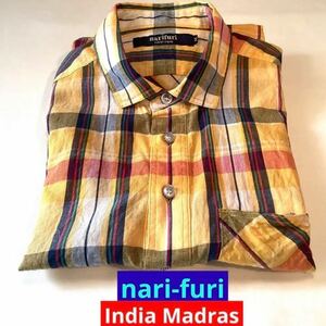 narifuri・ナリフリ・India Madras ・半袖シャツ・Mサイズ・ボタンダウンシャツ 