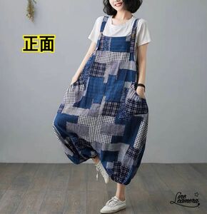 F【新品】夏　ゆったり　薄手　パッチ　サロペット　オーバーオール　デニム柄