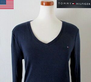 ★ レディース トミーヒルフィガー TOMMY HILFIGER Ｖネック 長袖 カットソー ゆったりサイズ US L 日本 ＸＬ ネイビー