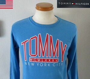 ★ メンズ トミーヒルフィガー TOMMY HILFIGER コットン デザインプリント 長袖 カットソー US M 日本Ｌサイズ ターコイズ 