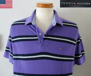 ★メンズ トミーヒルフィガー TOMMY HILFIGER コットン ボーダー柄 半袖 ポロシャツ ビッグサイズ US L 日本ＸＬサイズ パープル 