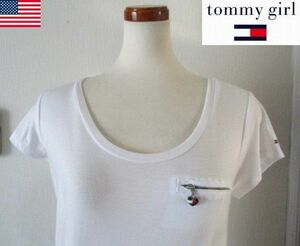 ★ レディース トミーガール TOMMY GIRL デザイン ロゴチャーム付きジップ 半袖 ロング カットソー US S 日本Ｍサイズ ホワイト WHITE 