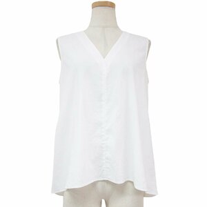 Theory theory blouse pull over tops white S V neck no sleeve tuck Hem line stretch linen rayon 