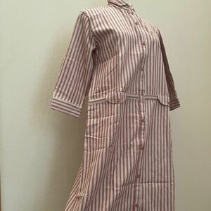 【新品】ベージュ×レッド ダブルラインストライプシャツワンピース 