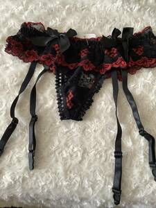  black & red ribbon race attaching T-back garter belt * new goods * ③