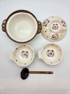 未使用品 KATO KOGEI あつあつ SERIES ダイエットセット (L) 鍋 ブタ柄 直火OK 4点セット 高島屋 鍋パーティー 取り皿 土鍋 豚