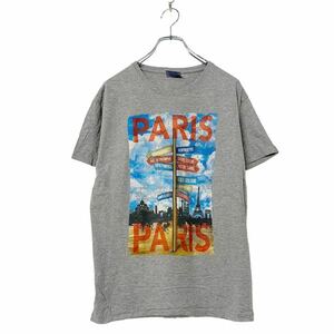 SAFON 半袖 プリント Tシャツ M グレー ブルー PARIS シンプル アメカジ Tee 古着卸 アメリカ仕入 a508-5222