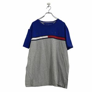 TOMMY HILFIGER 半袖 プリント Tシャツ L ブルー グレー トミーヒルフィガー 切り替え 古着卸 アメリカ仕入 a508-5003