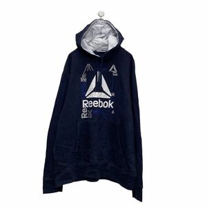 Reebok スウェット パーカーXL ネイビー ホワイト リーボック ロゴ フーディー ビッグサイズ 裏起毛 古着卸 アメリカ仕入 a508-5971