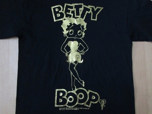 90's USA製 Betty Boop ゴールド プリント Tシャツ M黒 ブラック 金 ベティ ブープ 半袖 カットソー アニメ 少女 パラマウント 映画ART芸術