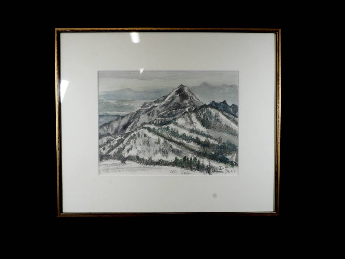 Le mont Kasagatake dessiné avec un toucher doux est magnifique ! Showa vintage encadrée aquarelle peinture Mt. Kasagatake par le sculpteur sur pierre Toshi Seki 1984 HKS508, peinture, aquarelle, Nature, Peinture de paysage