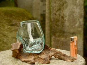 吹きガラスの花瓶+流木台座 h12cm アクアリウム水槽 テラリウム ガラスオブジェ メダカ鉢　玄関飾り　0824a
