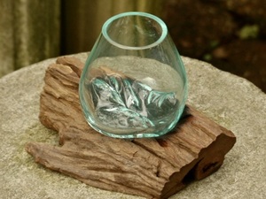 吹きガラスの花瓶+流木台座 h13cm アクアリウム水槽 テラリウム ガラスオブジェ メダカ鉢　玄関飾り　0824b