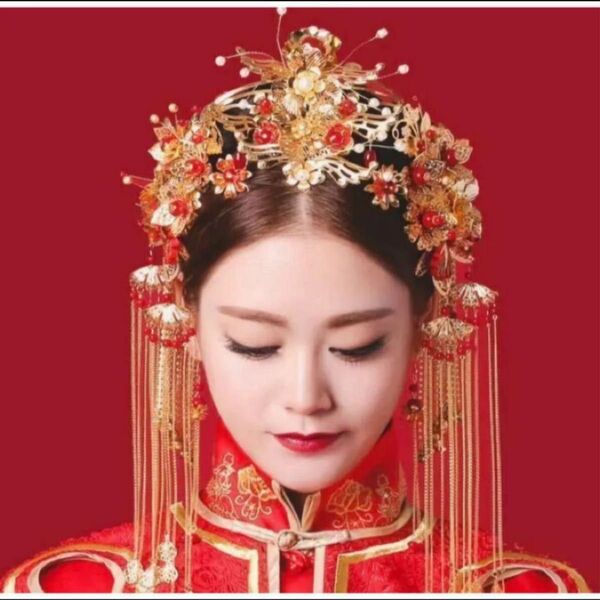髪飾り＆ピアスセット 中国 結婚式 漢服 ヘッドドレス コスプレ ウエディング 中国ドラマ