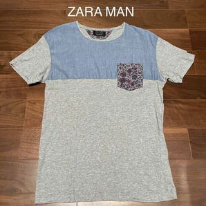 ZARA MAN Tシャツ ポケットTシャツ 半袖 花柄 グレー S 38 Uネック ザラ 半袖シャツ