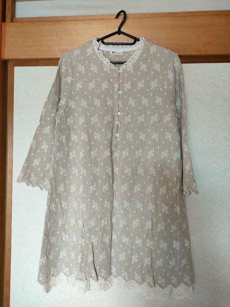 レース ロングシャツ 100％コットン カットワーク 長袖 カットソー ナチュラル