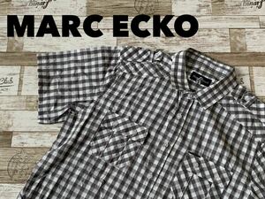 ☆送料無料☆ MARC ECKO Cut&Sew マークエコー カット&ソー 古着 半袖 チェック ダブルポケット エポレット付き シャツ メンズ M グレー