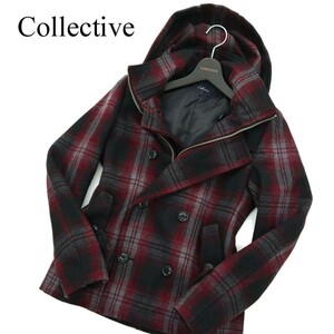 Collective コレクティブ メンズビギ 秋冬 メルトン ウール★ フーディー チェック Pコート Sz.1　メンズ　A2T10138_9#N