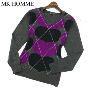 MK HOMME ミッシェルクラン オム 秋冬 ハート アーガイル★ Vネック ウール混 ニット セーター Sz.46　メンズ グレー　A2T10386_9#K