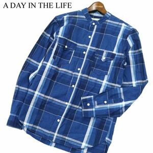 A DAY IN THE LIFE ユナイテッドアローズ 通年 バンドカラー★ 長袖 ワーク インディゴ チェック シャツ Sz.L　メンズ 紺　A2T14747_C#A