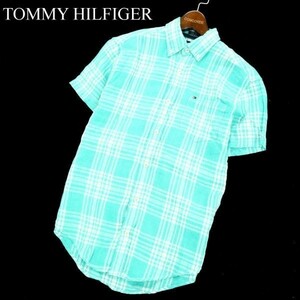 TOMMY HILFIGER トミーヒルフィガー Custom Fit Coupe Sur Mesure 麻 リネン100％★ 半袖 チェック シャツ Sz.S　メンズ　A2T06840_6#A