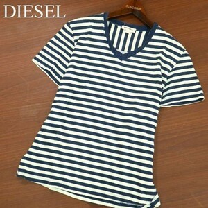 DIESEL ディーゼル 春夏 ロゴ刺繍★ ボーダー 半袖 Vネック カットソー Tシャツ Sz.S　メンズ　A2T04661_4#D