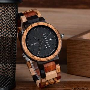 お洒落な 木製腕時計 日本製 クオーツ 混合木色 メンズ 日付 天然木 木材 軽量 ウォッチ カジュアル ウッド モダン おしゃれ 腕時計 男性