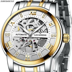 おしゃれな 機械式 腕時計 自動巻き スケルトン ゴールド/ホワイト ステンレス アンティーク メンズ アナログ 時計 ビジネス ウォッチ