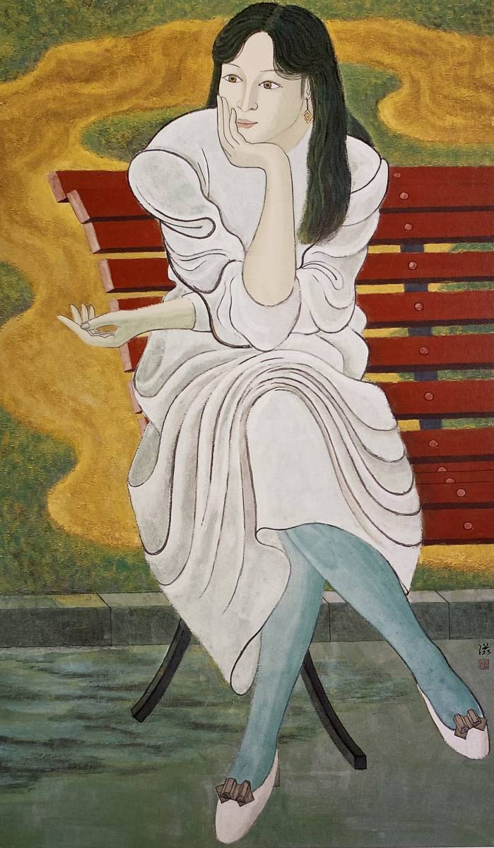 Shigeru Yamada, [An einem Frühlingstag], Aus einem seltenen gerahmten Kunstbuch, Ganz neu mit Rahmen, Guter Zustand, Porto inklusive, Malerei, Japanische Malerei, Person, Bodhisattva