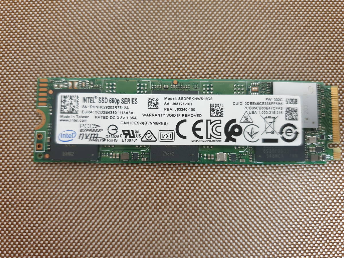 Intel SSD 660p 51GB NVMe SSD PCIe M.2 2280 SSDPEKNW512G8 動作OK