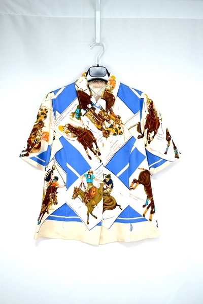 新品 HERMES PARIS Silk Shirt エルメス ヴィンテージ レディース シルク 100% 半袖シャツ 総柄 サイズ 40