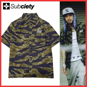 JESSE put on Subciety sub sae tea Logo embroidery Tiger camouflage duck pattern camouflage total pattern short sleeves Work military shirt S khaki RIZE The BONEZ