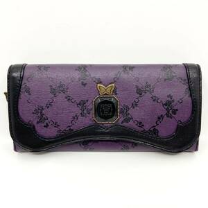 ANNA SUI フラップ 長財布 ロングウォレット バタフライ 蝶々 チャーム レザー パープル 紫 ブラック 黒 アナスイ 大容量