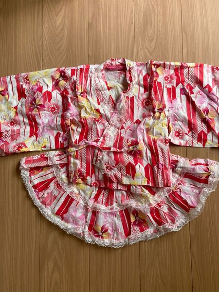 女の子浴衣 浴衣ドレス ツーピース スカート甚平 110 美品 ストライプ花柄
