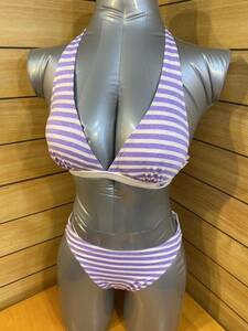  filler L size bikini swimsuit set stripe purple FILA halter-neck with logo 