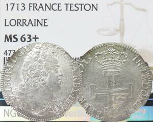 1713年 MS63+ テストン 銀貨 フランス ロレーヌ公国 レオポルト1世 十字架 NGC 鑑定 未使用 UNC TESTON LORRAINE 貨幣