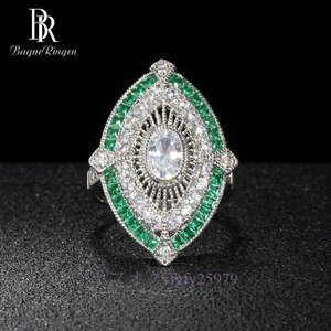 A692B☆新品バゲ Ringen ヴィンテージ高級シルバー 925 ジュエリースクエア宝石リング女性のためのクリスタルエメラルド宴会女性