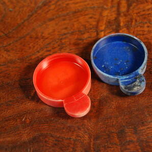 昭和レトロ・ガラスのインク入れ・インクビン・赤青の蓋付の画像7