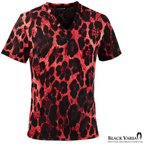 9#183704-re BLACK VARIA ヒョウ柄 豹 レオパード メンズ ストレッチ 半袖 Vネック Tシャツ(レッド赤ブラック黒) M ダンス 舞台 ショー