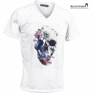 35363-s01 Tシャツ スカル ドクロ 髑髏 Vネック スリム 半袖Tシャツ プリント mens メンズ(ホワイト白スカルフラワー) M 送料370円～