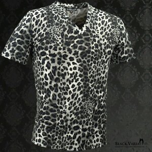 193802-gy ブラックバリア ヒョウ 豹 Vネック レオパード 日本製 スリム 半袖Tシャツ メンズ(ブラック黒グレー) 3L 総柄 アニマル 総柄